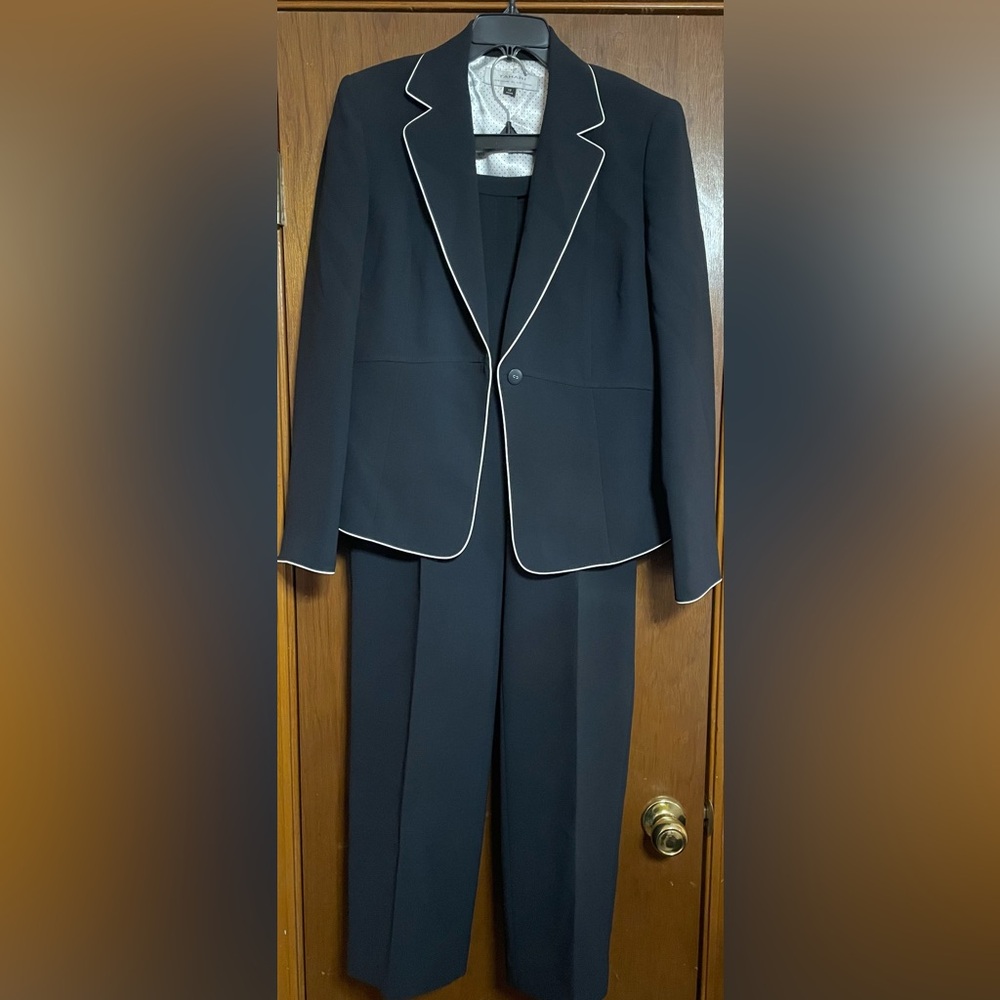 Tahari Blue and White Suit with Elegant Piping
